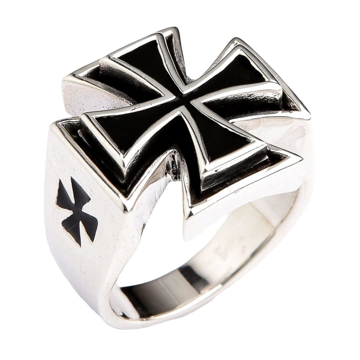 An angled view of the men's sterling silver iron cross ring with its black enamel inlay. product photo from Bikerringshop