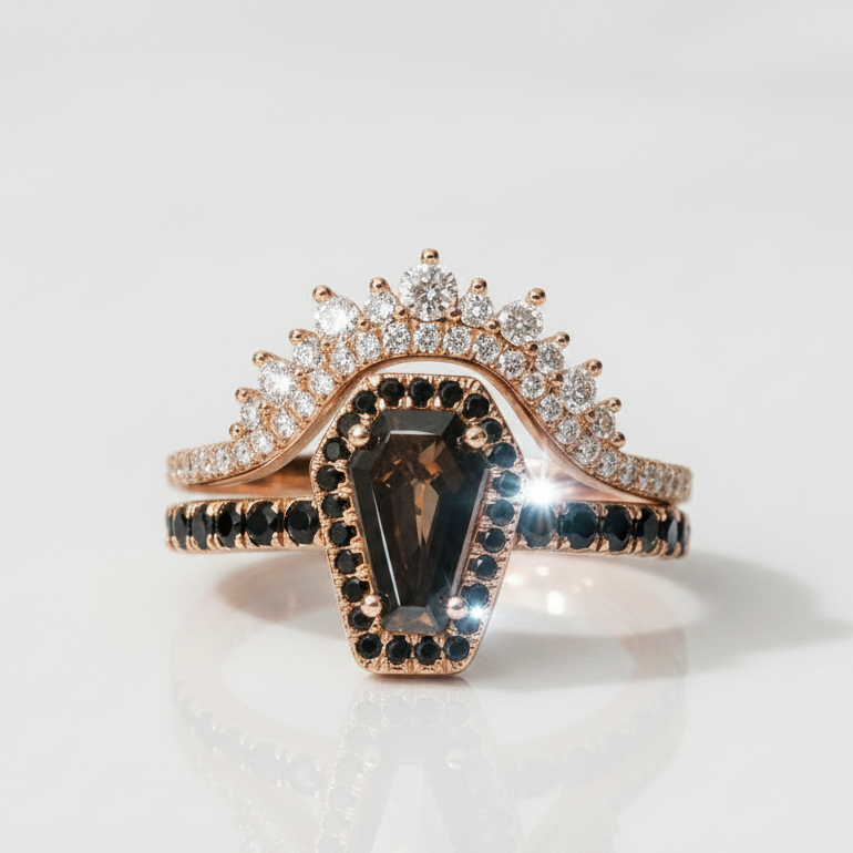 Best Love Rings- Rare Coffin Cut Diamond Option 14k Gold Gothic Ring Set-Black Diamonds New York product photo from Blackdiamondsnewyork
