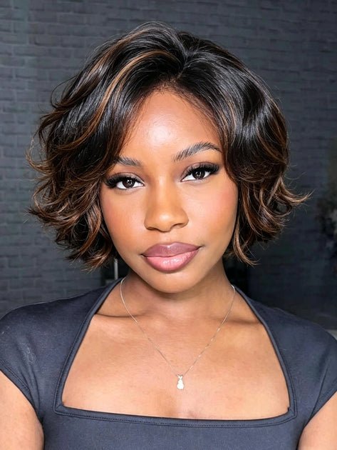 Brown Highlight Short Wavy Pixie Cut Bob Glueless 7X5 Lace Wear And Go Human Hair Wigs product photo from Ashimaryhair