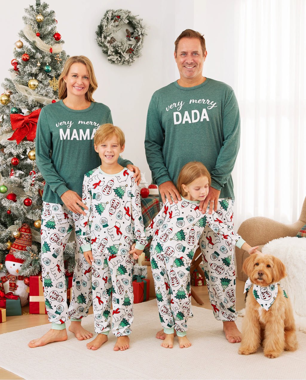 Christmas Family Matching Long Sleeves Very Merry Green Tops Allover Pattern Pants Pajamas Sets Flame Resistant Mediumsp... product photo from Patpat