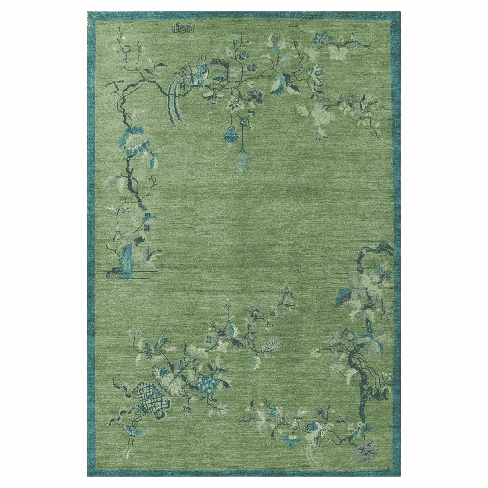 Chinoiserie Peacock in Green Field Wool Hand Knotted Area Rug $845.99 product photo from Maiahomes
