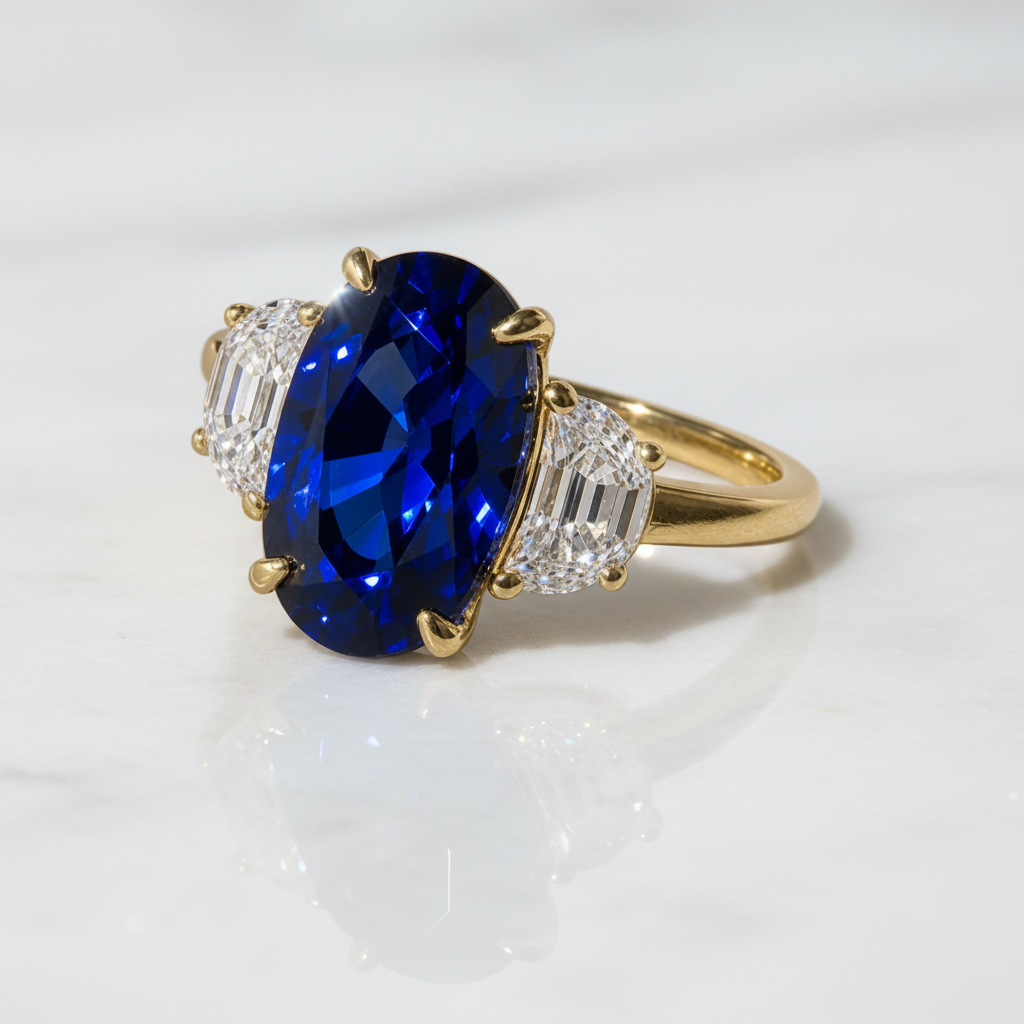 3.5ct Three Stone Blue Sapphire Oval Cut Yellow Gold Engagement Ring-Black Diamonds New York product photo from Blackdiamondsnewyork